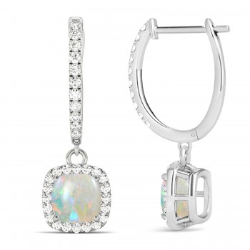 Cushion Opal & Diamond Halo Dangling Earrings 14k White Gold (2.90ct)