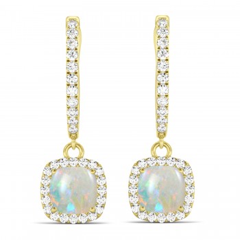 Cushion Opal & Diamond Halo Dangling Earrings 14k Yellow Gold (2.90ct)