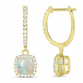 Cushion Opal & Diamond Halo Dangling Earrings 14k Yellow Gold (2.90ct)