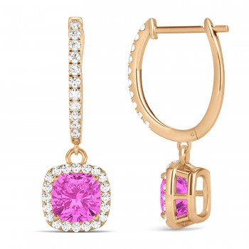 Cushion Lab Pink Sapphire & Lab Diamond Halo Dangling Earrings 14k Rose Gold (2.70ct)
