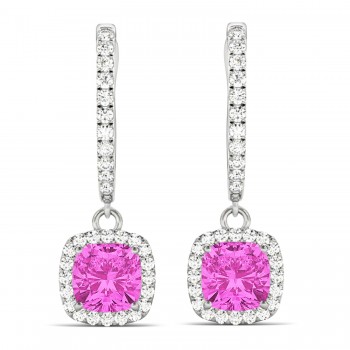Cushion Lab Pink Sapphire & Lab Diamond Halo Dangling Earrings 14k White Gold (2.70ct)