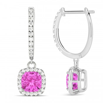 Cushion Lab Pink Sapphire & Lab Diamond Halo Dangling Earrings 14k White Gold (2.70ct)