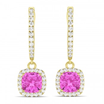Cushion Lab Pink Sapphire & Lab Diamond Halo Dangling Earrings 14k Yellow Gold (2.70ct)
