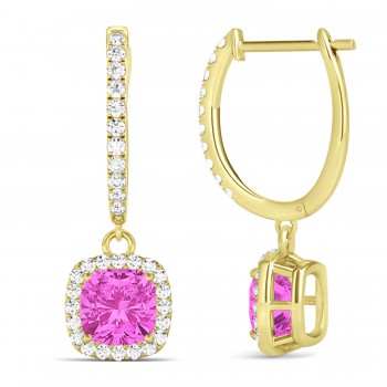 Cushion Lab Pink Sapphire & Lab Diamond Halo Dangling Earrings 14k Yellow Gold (2.70ct)