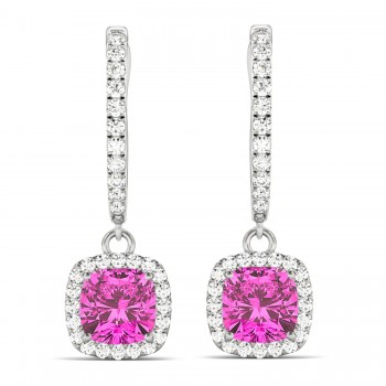 Cushion Pink Topaz & Diamond Halo Dangling Earrings 14k White Gold (3.00ct)
