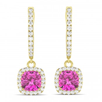 Cushion Pink Topaz & Diamond Halo Dangling Earrings 14k Yellow Gold (3.00ct)