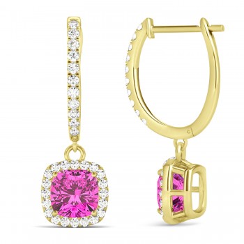 Cushion Pink Topaz & Diamond Halo Dangling Earrings 14k Yellow Gold (3.00ct)
