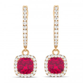 Cushion Lab Ruby & Lab Diamond Halo Dangling Earrings 14k Rose Gold (3.40ct)