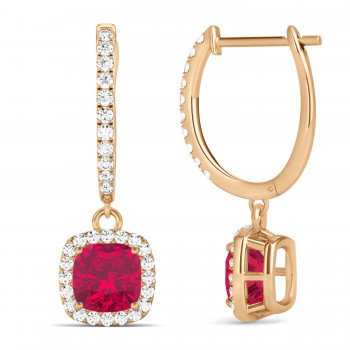 Cushion Lab Ruby & Lab Diamond Halo Dangling Earrings 14k Rose Gold (3.40ct)