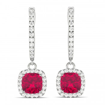 Cushion Lab Ruby & Lab Diamond Halo Dangling Earrings 14k White Gold (3.40ct)