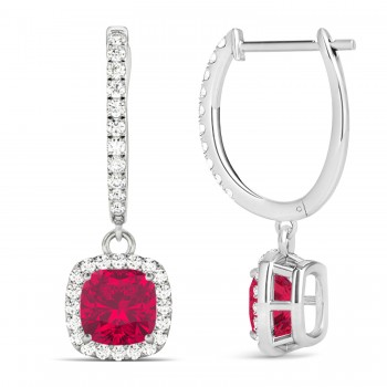 Cushion Lab Ruby & Lab Diamond Halo Dangling Earrings 14k White Gold (3.40ct)