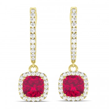 Cushion Lab Ruby & Lab Diamond Halo Dangling Earrings 14k Yellow Gold (3.40ct)