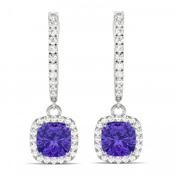 Cushion Tanzanite & Diamond Halo Dangling Earrings 14k White Gold (2.70ct)