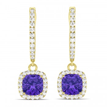 Cushion Tanzanite & Diamond Halo Dangling Earrings 14k Yellow Gold (2.70ct)