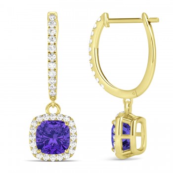 Cushion Tanzanite & Diamond Halo Dangling Earrings 14k Yellow Gold (2.70ct)