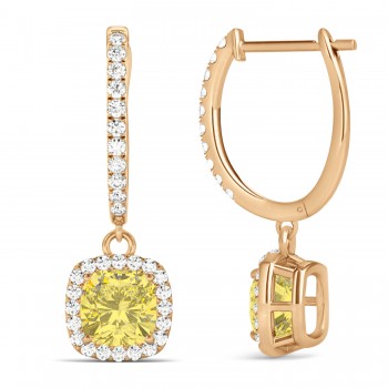 Cushion Shape Yellow Diamond & Diamond Halo Dangling Earrings 14k Rose Gold (2.18ct)