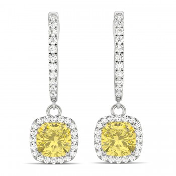Cushion Shape Yellow Diamond & Diamond Halo Dangling Earrings 14k White Gold (2.18ct)
