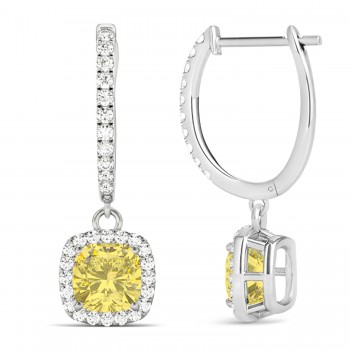 Cushion Shape Yellow Diamond & Diamond Halo Dangling Earrings 14k White Gold (2.18ct)