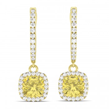 Cushion Shape Yellow Diamond & Diamond Halo Dangling Earrings 14k Yellow Gold (2.18ct)