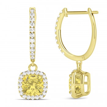 Cushion Shape Yellow Diamond & Diamond Halo Dangling Earrings 14k Yellow Gold (2.18ct)