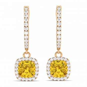 Cushion Yellow Sapphire & Diamond Halo Dangling Earrings 14k Rose Gold (2.70ct)