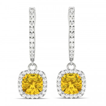 Cushion Yellow Sapphire & Diamond Halo Dangling Earrings 14k White Gold (2.70ct)