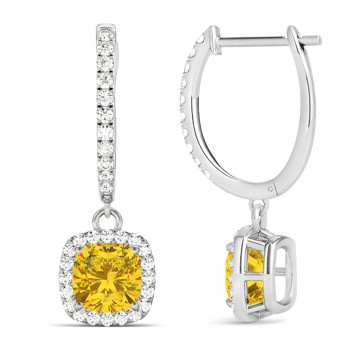 Cushion Yellow Sapphire & Diamond Halo Dangling Earrings 14k White Gold (2.70ct)