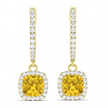Cushion Yellow Sapphire & Diamond Halo Dangling Earrings 14k Yellow Gold (2.70ct)