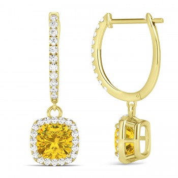 Cushion Yellow Sapphire & Diamond Halo Dangling Earrings 14k Yellow Gold (2.70ct)