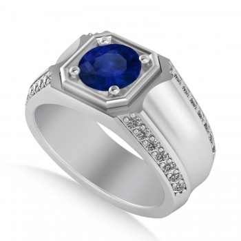 Blue Sapphire & Diamond Accented Men's Engagement Ring 14k White Gold (2.06ct)