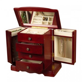 Wooden Musical Jewelry Box, Antique Finish, Interior Mirror, Jewel Case