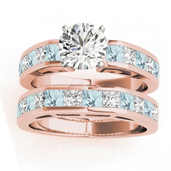 Diamond and Aquamarine Accented Bridal Set 14k Rose Gold 2.20ct