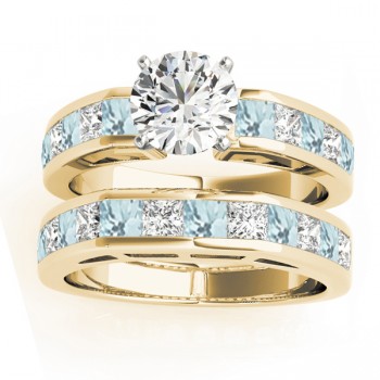 Diamond and Aquamarine Accented Bridal Set 14k Yellow Gold 2.20ct