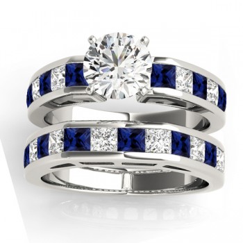 Diamond and Blue Sapphire Accented Bridal Set 14k White Gold 2.20ct