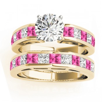 Diamond and Pink Sapphire Accented Bridal Set 14k Yellow Gold 2.20ct