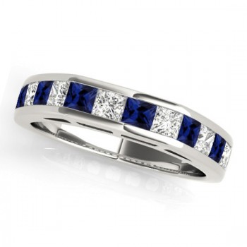 Diamond and Blue Sapphire Accented Wedding Band 14k White Gold 1.20ct