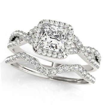 Twisted Princess Diamond Engagement Ring Bridal Set 14k White Gold (1.57ct)