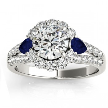 Diamond Halo w/ Blue Sapphire Pear Ring Platinum 0.91ct