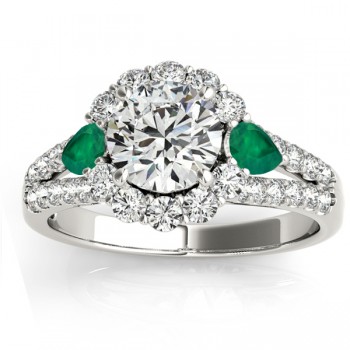 Diamond Halo w/ Emerald Pear Ring 18k White Gold 0.91ct