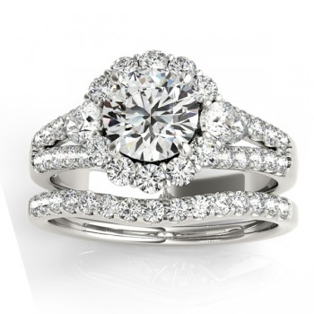 Diamond Halo w/ Pear Sidestone Bridal Set Platinum 1.17ct