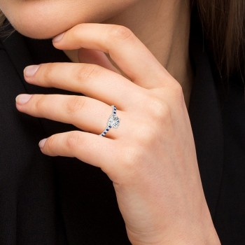 Diamond & Blue Sapphire Single Row Engagement Ring 18k White Gold (0.11ct)