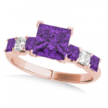 Sidestone Princess Amethyst & Diamond Engagement Ring 14k Rose Gold (2.10ct)