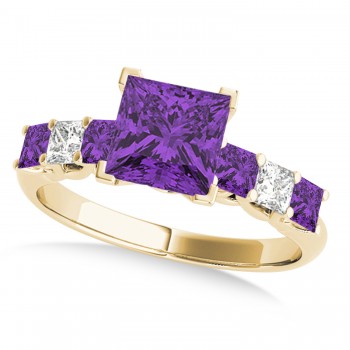 Sidestone Princess Amethyst & Diamond Engagement Ring 14k Yellow Gold (1.60ct)