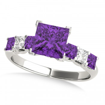 Sidestone Princess Amethyst & Diamond Engagement Ring 18k White Gold (1.60ct)