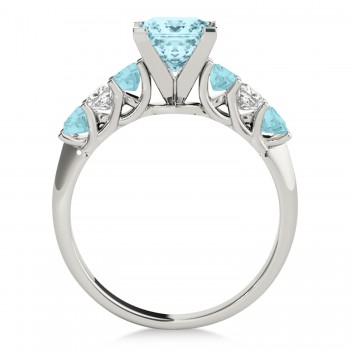 Sidestone Princess Aquamarine & Diamond Engagement Ring 14k White Gold (1.60ct)