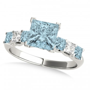 Sidestone Princess Aquamarine & Diamond Engagement Ring 14k White Gold (2.10ct)