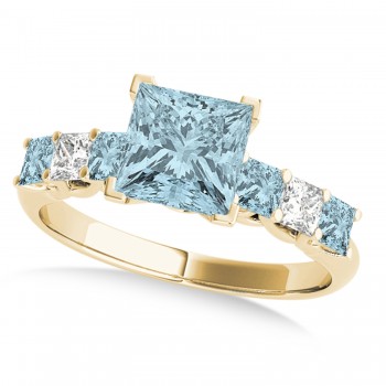 Sidestone Princess Aquamarine & Diamond Engagement Ring 14k Yellow Gold (2.10ct)