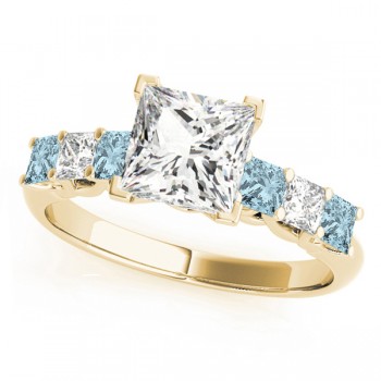 Princess Moissanite Aquamarines & Diamonds Engagement Ring 14k Yellow Gold (2.10ct)