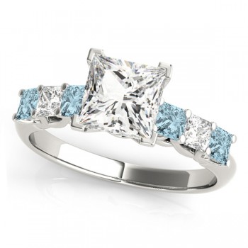 Princess Moissanite Aquamarines & Diamonds Engagement Ring 18k White Gold (2.10ct)