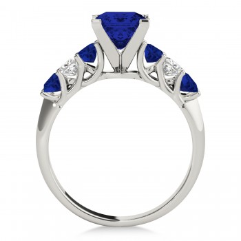 Sidestone Princess Blue Sapphire & Diamond Engagement Ring 14k White Gold (1.60ct)